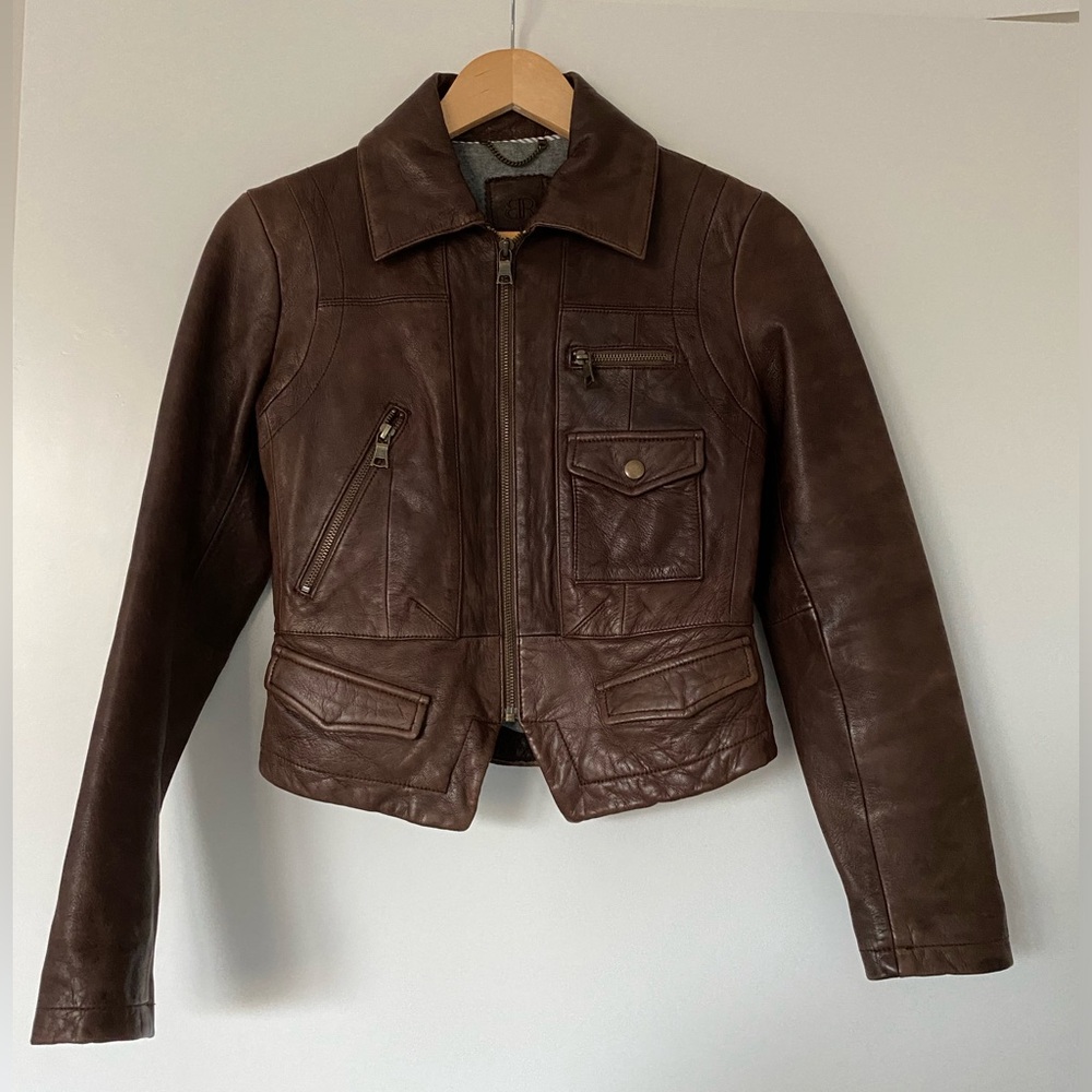 Banana Republic brown leather jacket cropped peplum Alice Cullen twilight